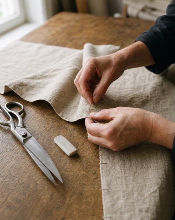 A tailor's hands pinning linen, with shears and chalk on the bench.